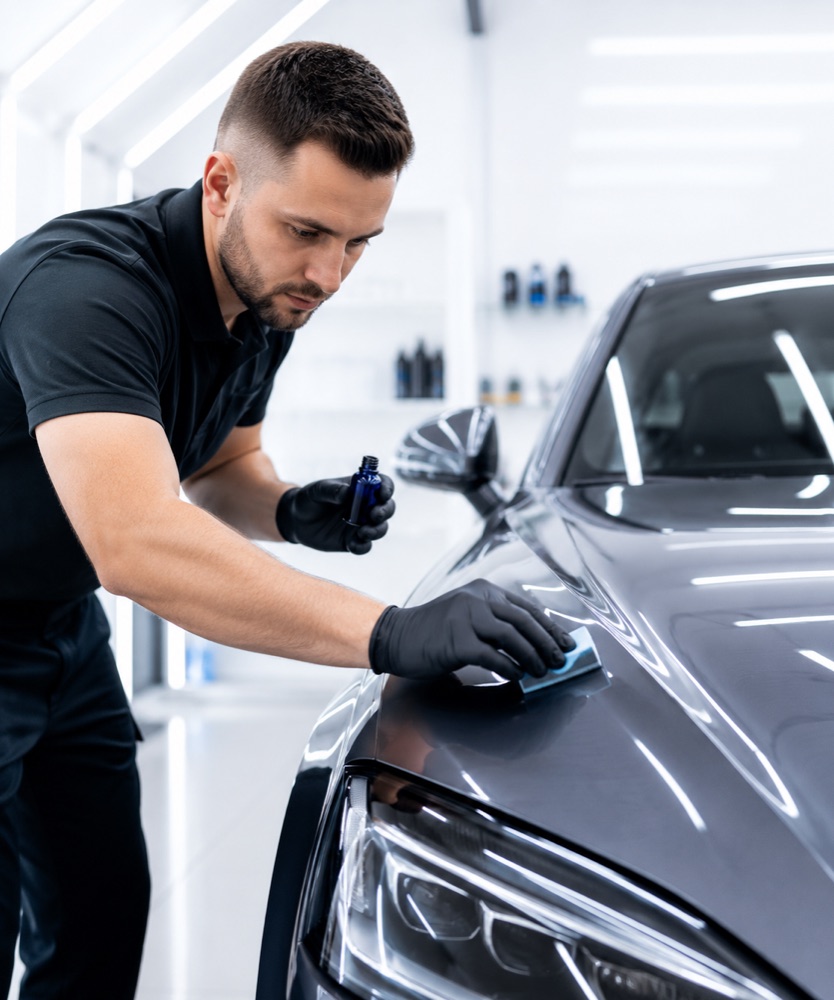 Detailer applying paint protection to a luxury car