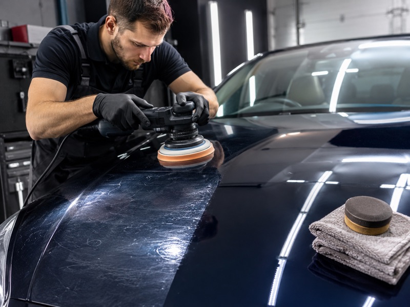 Detailer polishing the bonnet of a black car