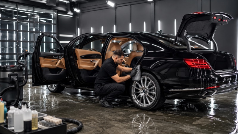 Detailer polishing a car during a full detail