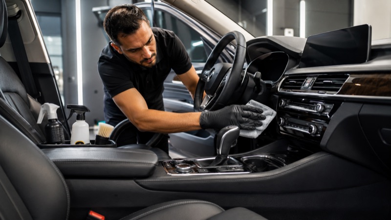 Detailer deep cleaning the cabin of a car