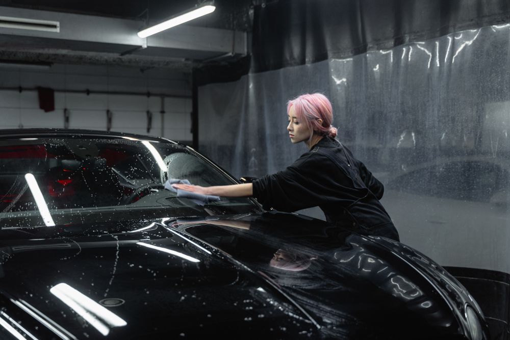 Detailer hand polishing the paintwork of a black car